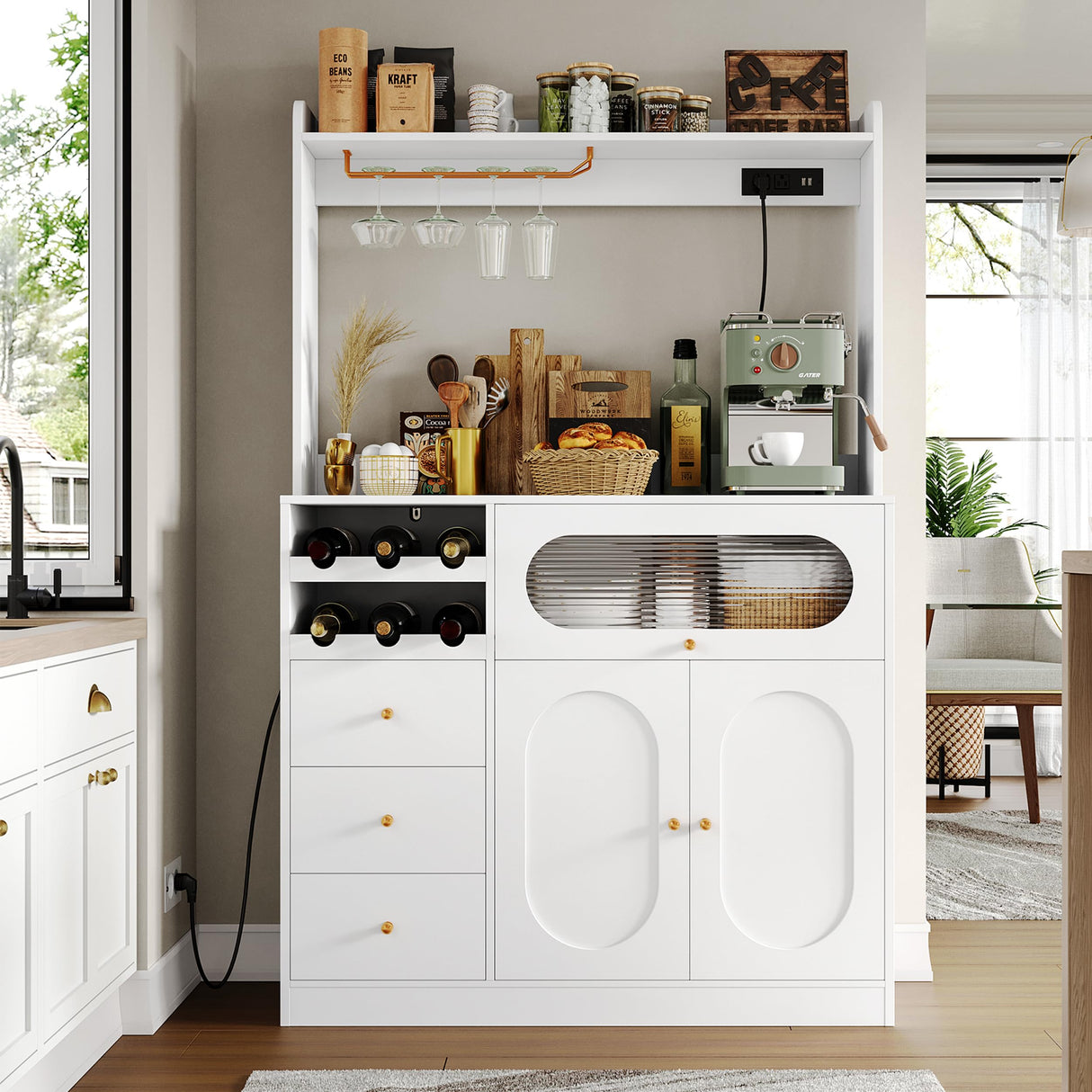 FACBOTALL Kitchen Pantry Storage Cabinet with Hutch, Buffet Cabinet with Storage, Coffee Bar Cabinet with Power Outlets, Microwave Stand, Wine Racks, Kitchen Cupboard for Dining & Living Room, White FACBOTALL