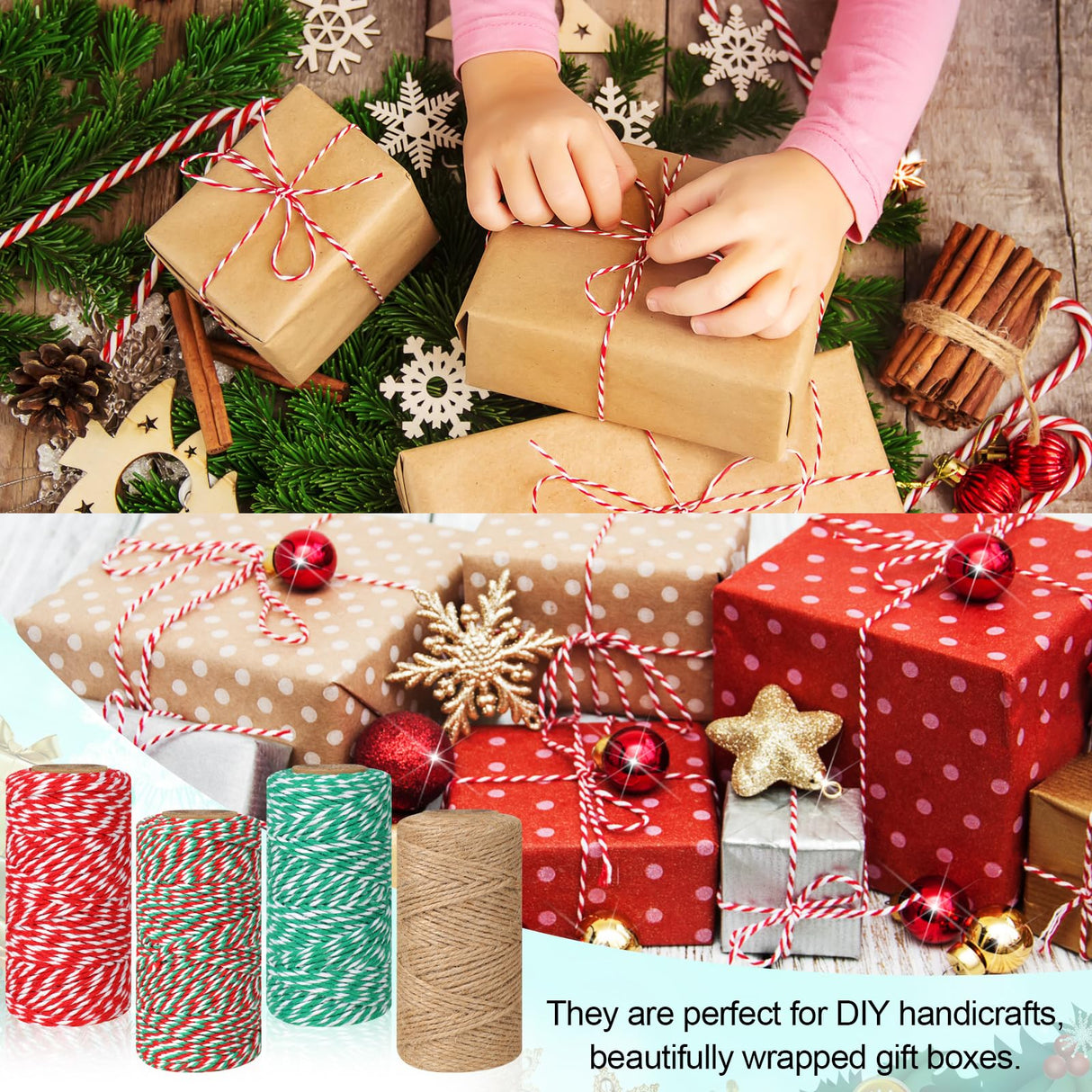 4 Rolls Natural Jute Twine, Red, Green & White - 70m/Roll Joyberg