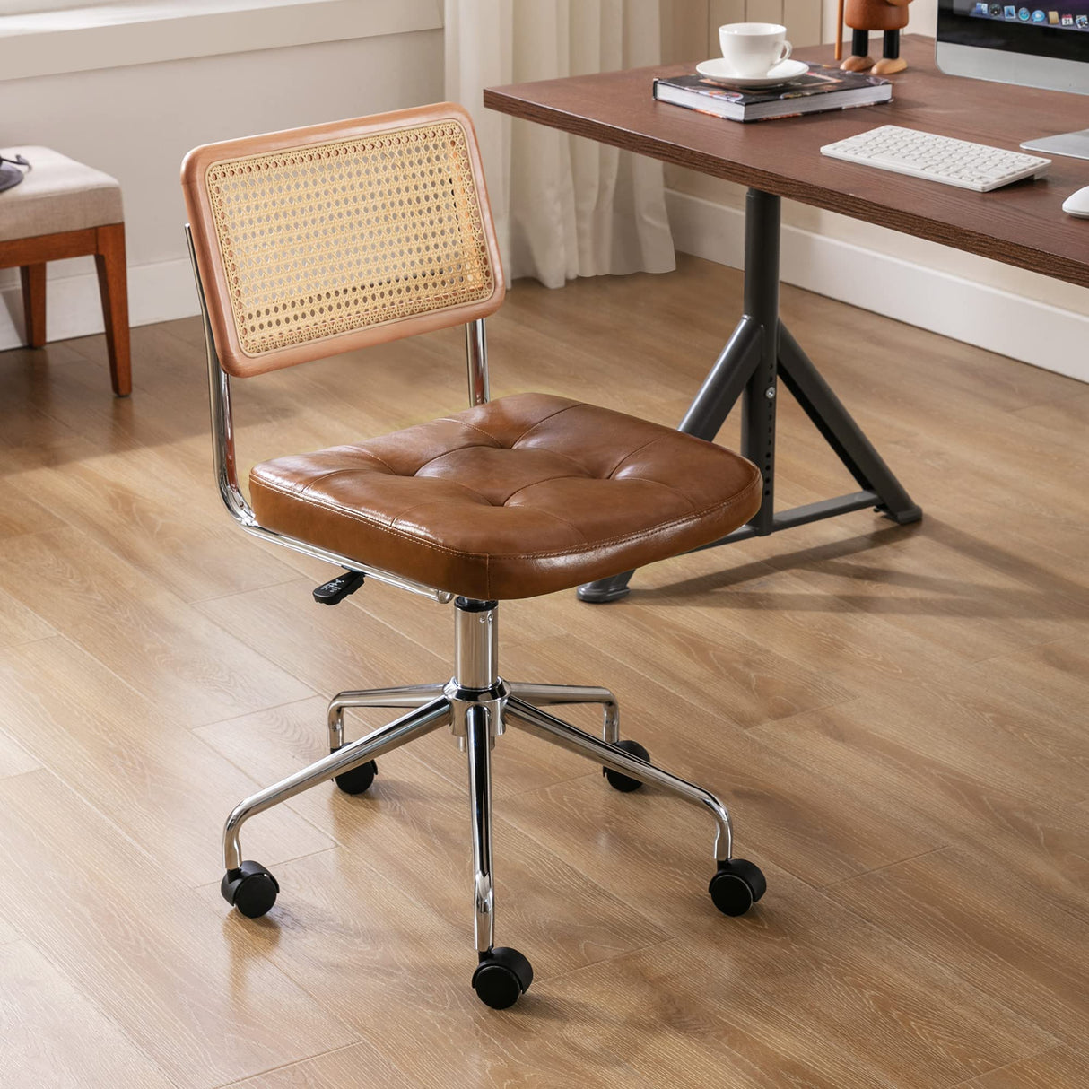 Zesthouse Mid Century Home Office Chair Leather Desk Chair with Rattan Back, Vanity Chair for Girls Women, Upholstered Swivel Chair, Adjustable Height Computer Task Chair Zesthouse