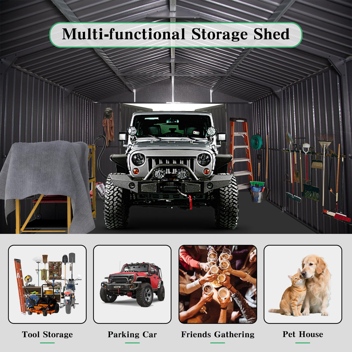 Domi 12x25FT Outdoor Metal Garage Shed, Extra Large Carport with Skylights & Dual-Entry, Backyard Storage Shed for Car, Truck, Lawn Mower and Tool, Dark Grey domi outdoor living