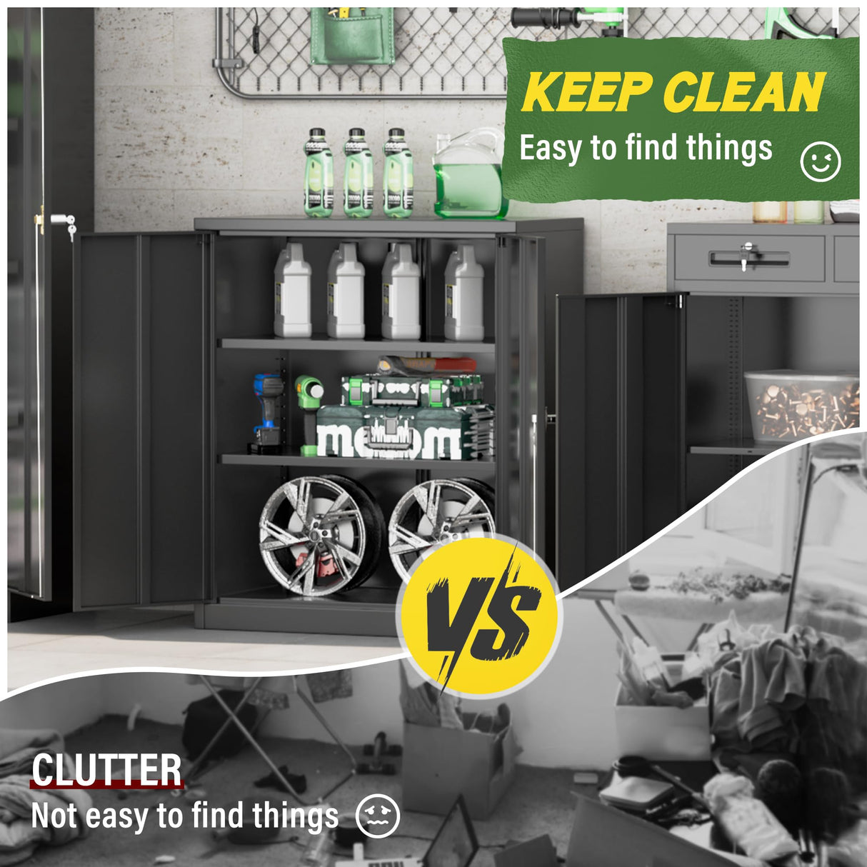 Greenvelly Metal Storage Cabinet, 36" Locking Storage Cabinet with Doors and Shelves, Lockable Storage Cabinets for Home Office, Utility Locker Cabinet, Steel Garage Cabinet with 2 Keys, Black Greenvelly