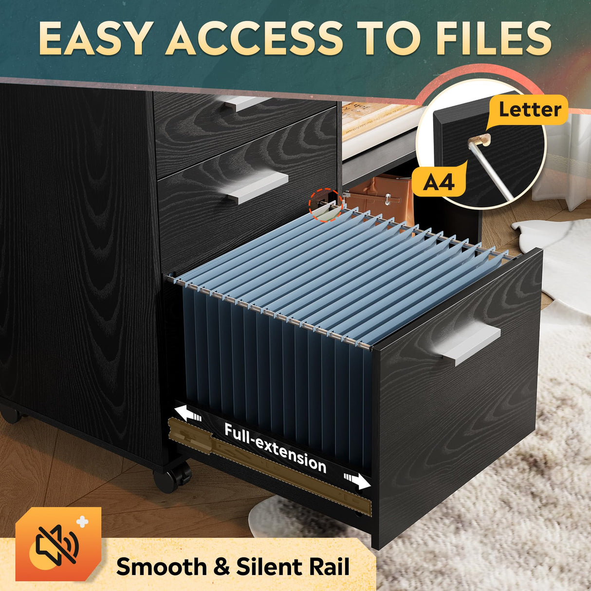 DEVAISE 3 Drawer Mobile File Cabinet, Wood Lateral Filing Cabinet, Printer Stand with Open Shelves for Home Office, Black DEVAISE