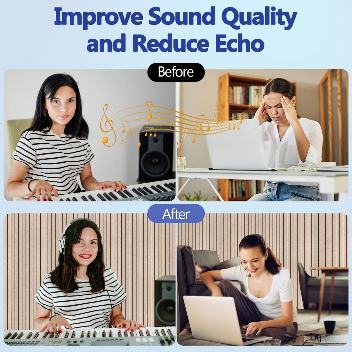 BUBOS 10 pack Large Acoustic Panels, 48"X 12"X 0.4" Sound Proof Panels for Walls,Decorative Sound Proof Panels,Self-Adhesive Acoustical Wall Panels,3D Slat Sound Panels for Home Office Studio Camel BUBOS