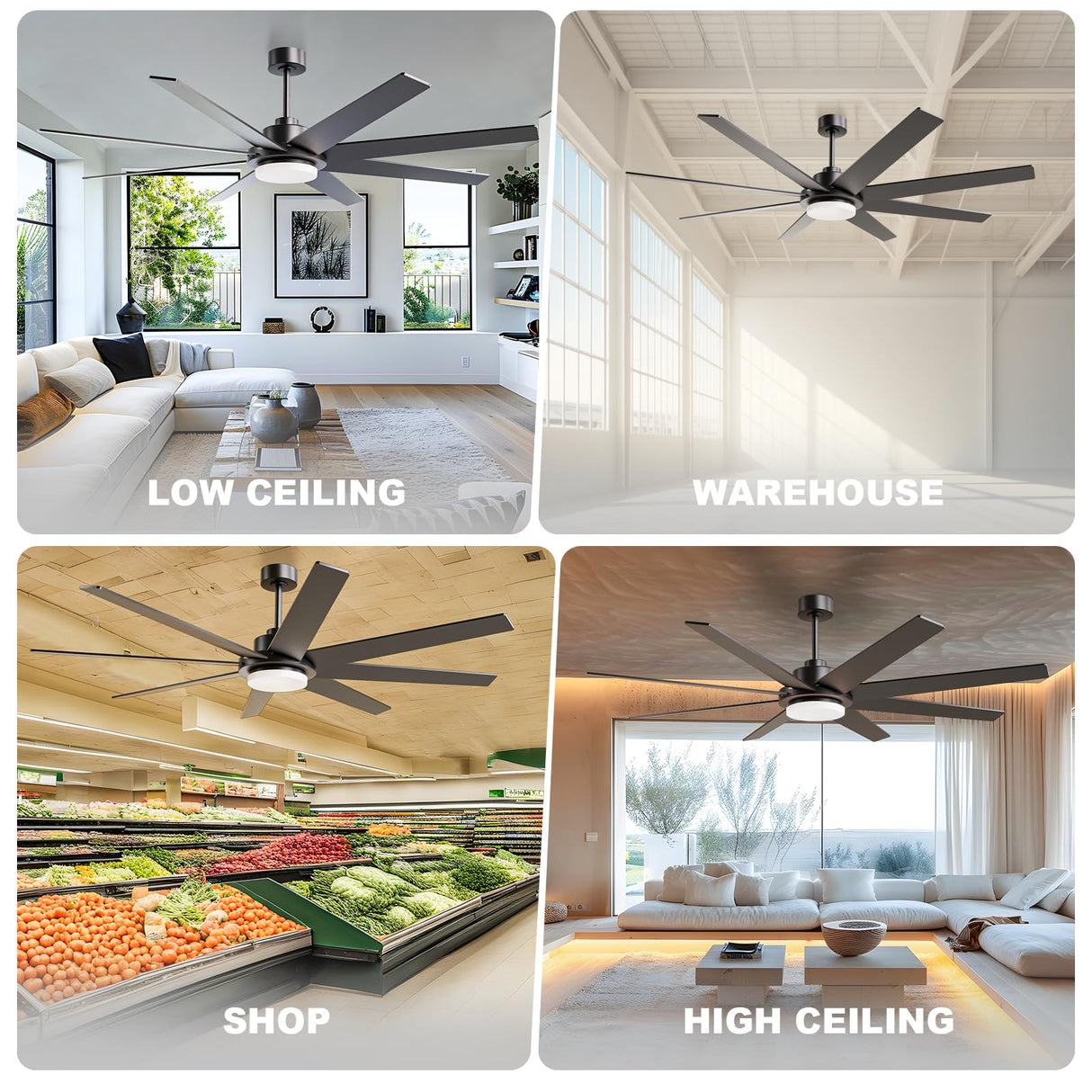 72 inch Large Ceiling Fans with Lights and Remote, Industrial Ceiling Fan Reversible Quiet DC Motor, 6 Speed 3 CCT Dimiable, Modern Ceiling Fan for Living Room Farmhouse Patios Outdoor Gazebo Black BrilMaison