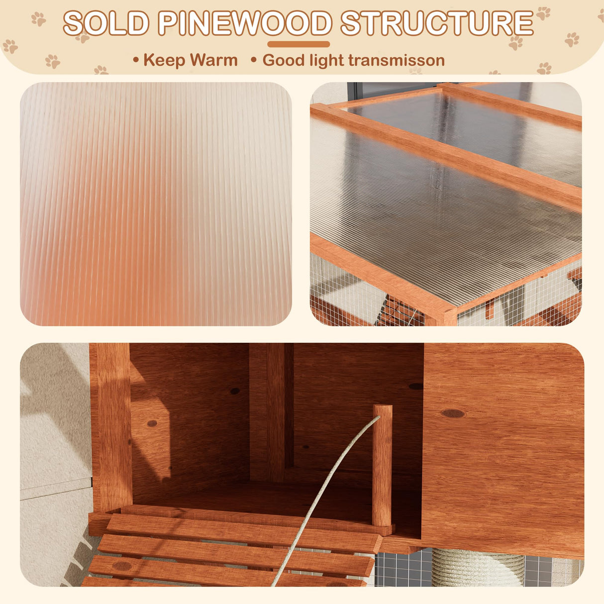 Large Walk-in Catio Wooden cat Houses for Multiple Outdoor Cats, Outdoor cat Enclosure with 4 Bridges & Transparent PVC Roof & sisal Scratcher, Kitty cat Condo Shelters (Orange) QUYZE