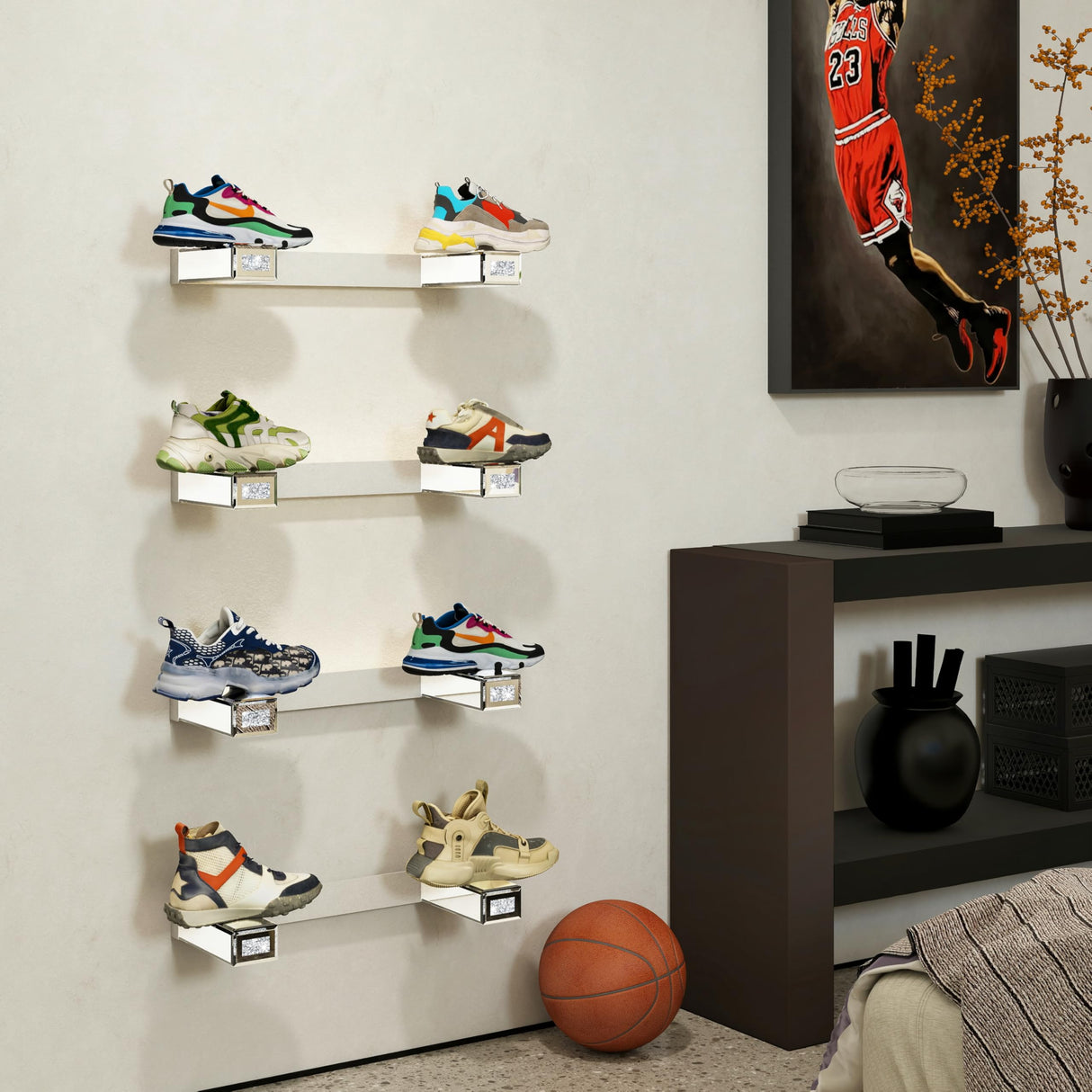 blingworld Shoe Floating Display Shelves Wall Mount Set of 4 – Mirrored Bling Glass Levitating Sneakers Shelves, Space-Saving Sneaker Display Shelf for Collectibles, Bedrooms, Dorms & Game blingworld