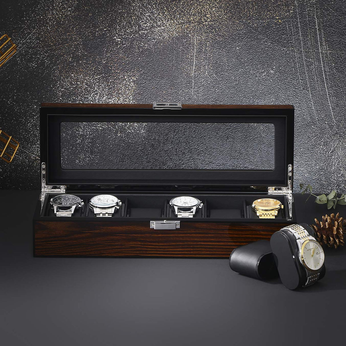 BEWISHOME Wooden Watch Box for Men - Luxury Watch Case, Real Glass Top, Smooth Faux Leather Interior, 6 Slot Watch Organizer,Brown SSH06Y BEWISHOME