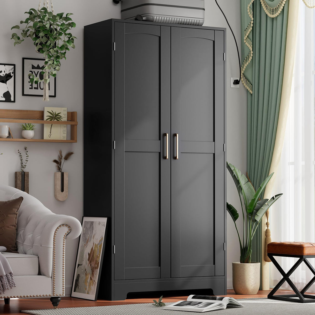 Wooden Armoire Wardrobe Closet, Wardrobe Cabinet with Door and Shelves, Freestanding Bedroom Armoires Clothing Storage Cabinet with Hanging Rod for Bedroom, Laundry Room, Cloak Room(Black) Honsiva