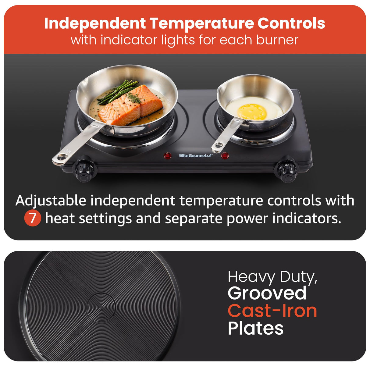 Elite Gourmet EDB-302BF# Countertop Double Cast Iron Burner, 1500 Watts Electric Hot Plate, Temperature Controls, Power Indicator Lights, Easy to Clean, Black Elite Gourmet