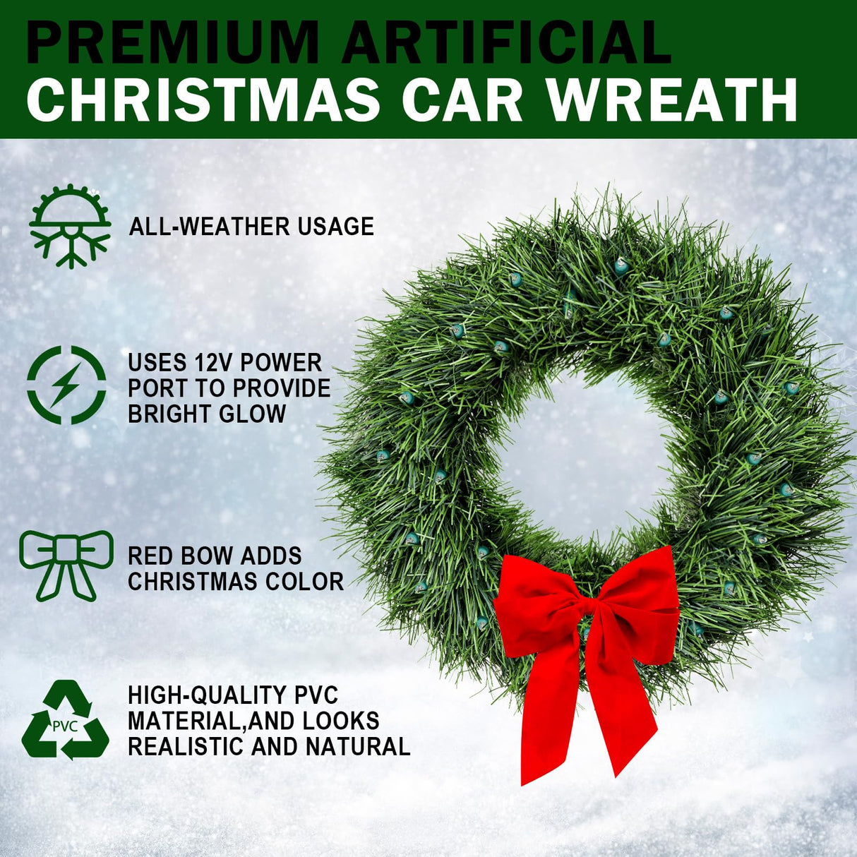 moveland RGB LED Christmas Car Wreath - 16 Colors Changeable Car Artificial Wreath with Remote Control - 12V Plug-in Wreath Lighting with Red Bow - Christmas Car Decoration moveland