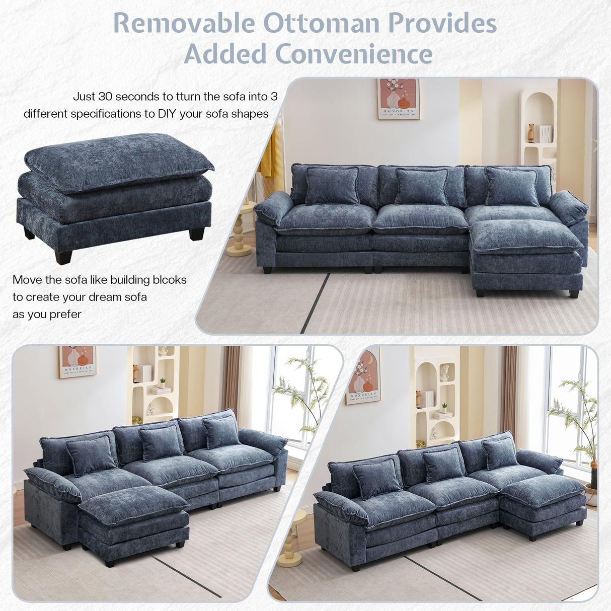 OQQOEE Sectional Sofa Modular Cloud Couch Upholstered Deep Seat Cloud Sofas with Ottoman Comfy Chenille Sofa Sleeper for Living Room,Apartment (Blue, L Shaped-3 Seat & Ottoman) OQQOEE
