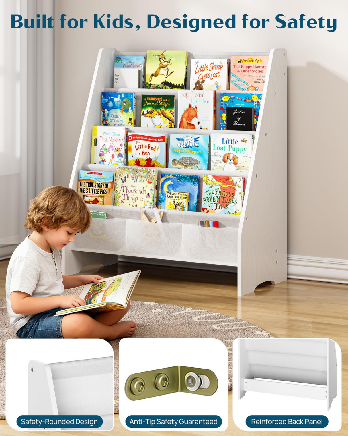 SEIRIONE Sturdy Kids Bookshelf,4-Tier Book Shelf for Kids Room with Tear-Proof Oxford Fabric-Nursery Room Playroom Classroom,Deep Slings to Keep Books Upright,Ideal Height for Toddler Age 3+, White SEIRIONE