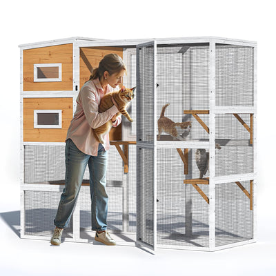 TIMHAKA Catio Outdoor Cat Enclosure, Large 4 Tiers Cat Catio Connect to Window for Outdoor Indoor Cats with Weatherproof Roof, Resting Rooms, Platforms, Large Door, 76" L x 32.9" W x 70.8" H, White