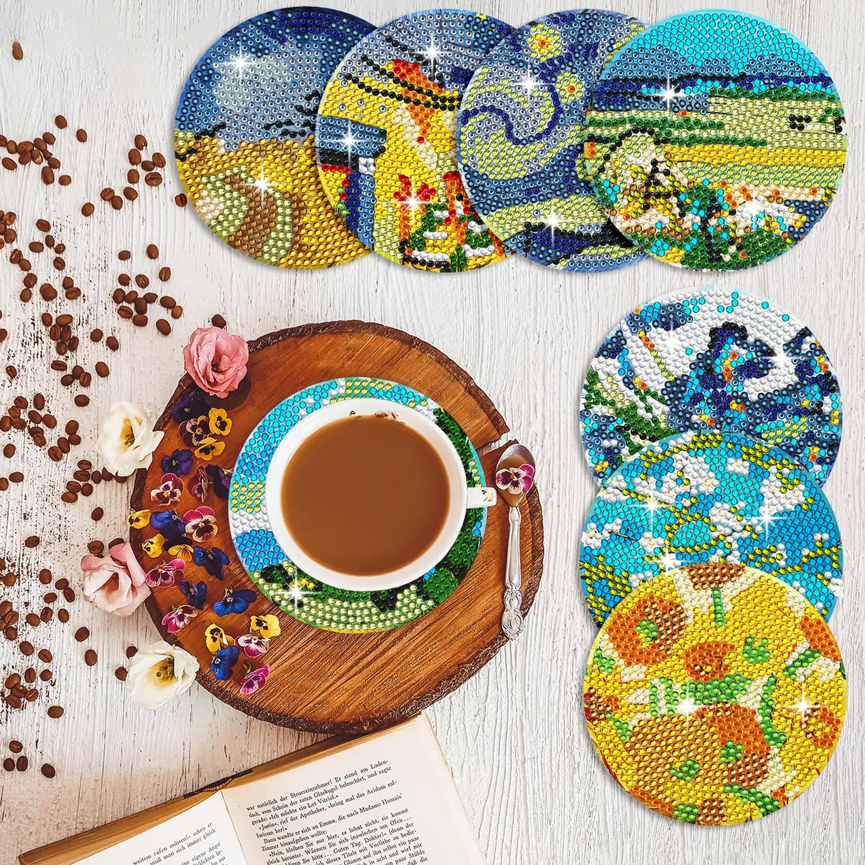 Muzagroo Art Van Gogh Diamond Painting Coasters Kits with Holder Diamond Art Coaster Kits for Beginners Diamond Paintings Kits for Adults Stress-reducing Handicrafts Paint by Diamond 8 PCS (Van Gogh) Muzagroo Art