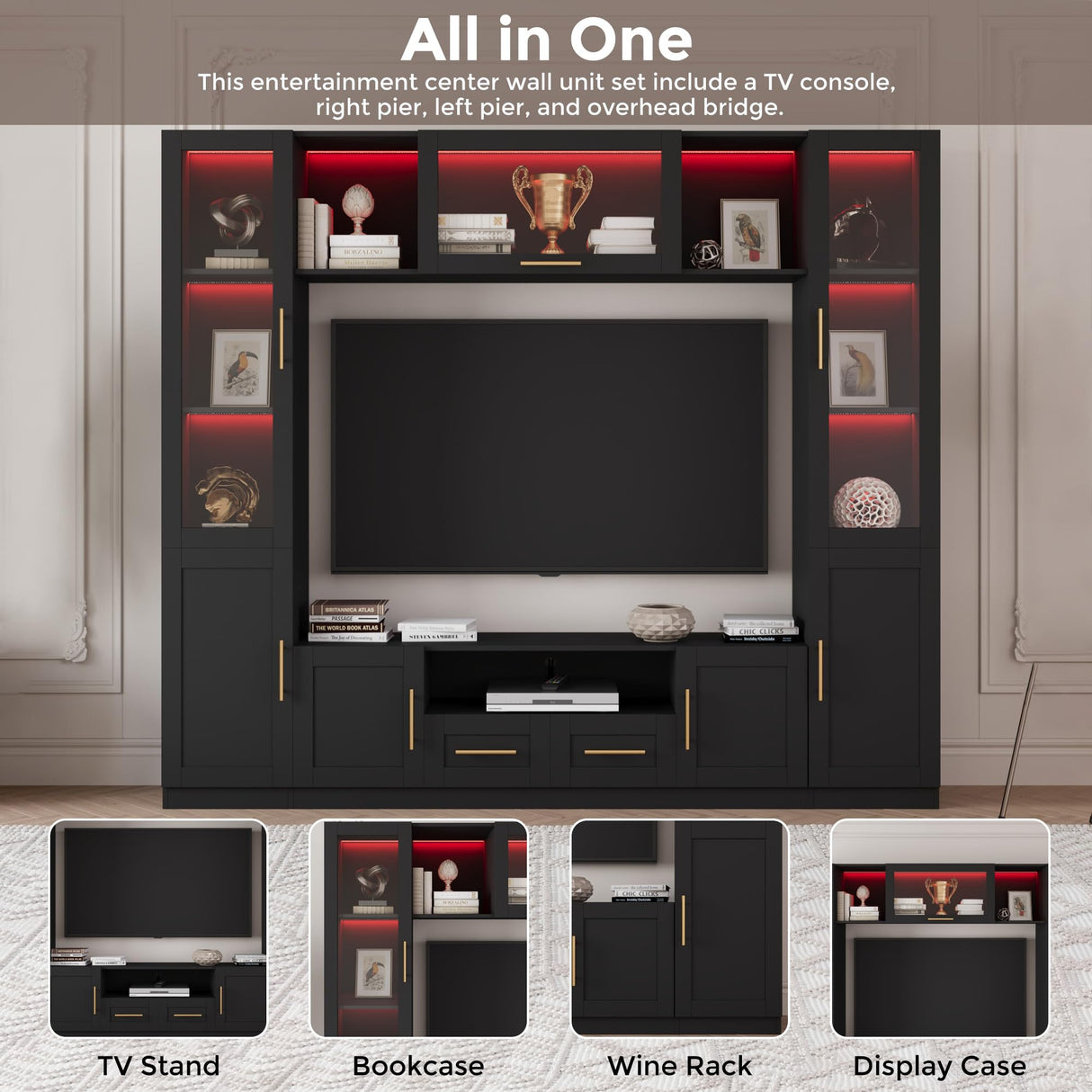 Bobve 94" Wall Unit Entertainment Center for TVs up to 70", Modern TV Console with LED Lights, Multifunctional TV Stand with Tempered Glass Door, Drawers & Shelves for Living Room, Black Bobve