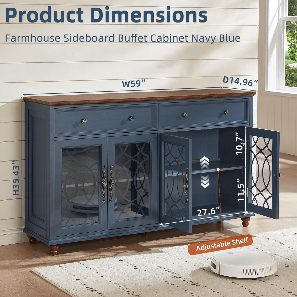 Joaxswe Farmhouse Sideboard Buffet Cabinet with Storage,59" Large Credenza with 4 Glass Doors & 2 Drawers,Adjustable Shelves Console Table,Wood Kitchen Coffee Bar for Dining Room,Living Room,Navy Blue Joaxswe