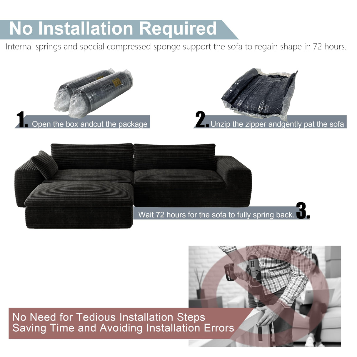 Yomsum 110'' Black Sectional Couches for Living Room with Double Layer, Oversized 4 Seater Boneless L Shaped Cloud Couch Plush Corduroy Sofa, No Assembly Modular Sectional Sofa Bed with Ottoman Yomsum