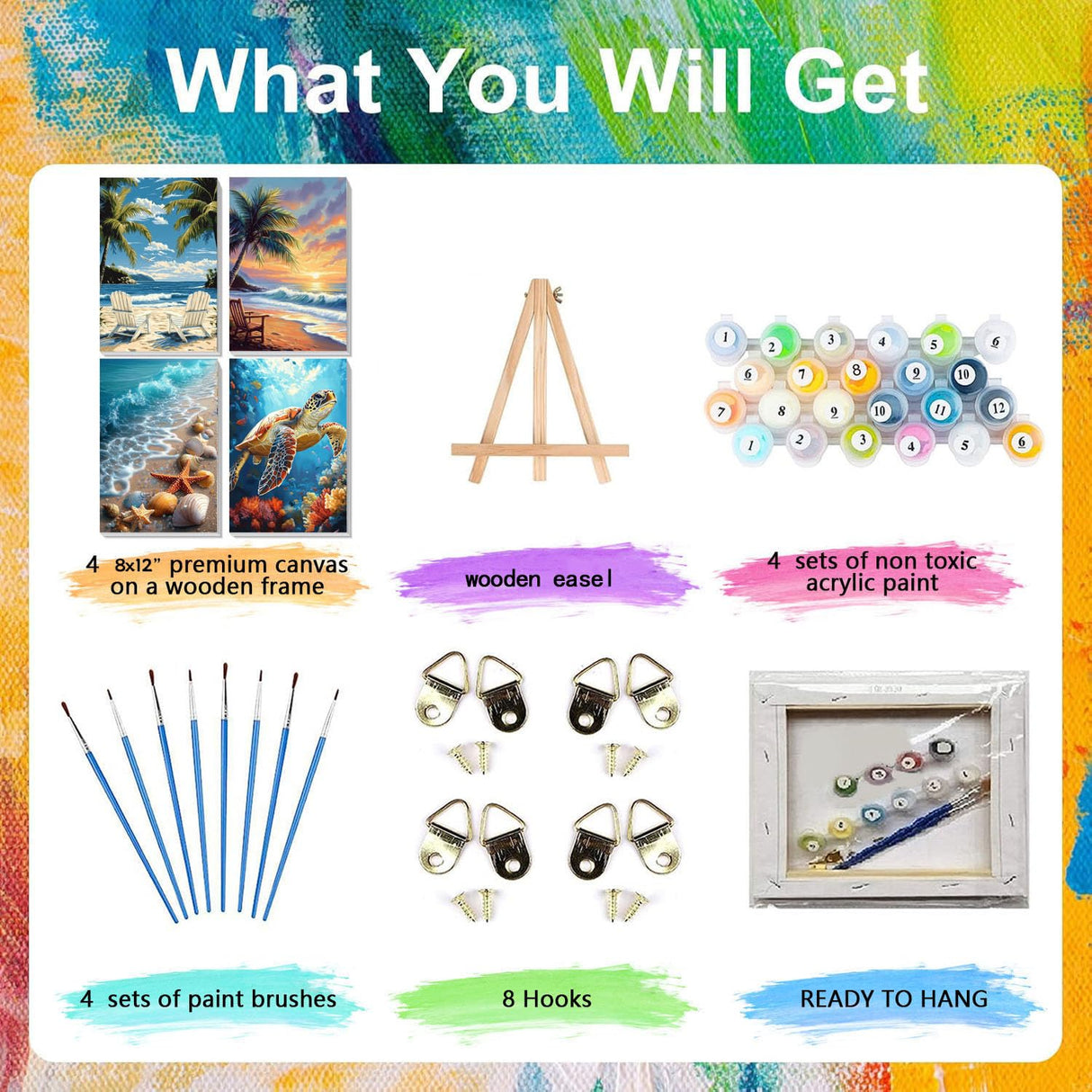 4 Pack Paint by Numbers for Adults with Framed Canvas - with Wooden Easel, Beach Paint by Number on Canvas, DIY Sea Turtle Acrylic Oil Painting Kits with Brushes for Home Wall Decor (8x12 inch) xackcme