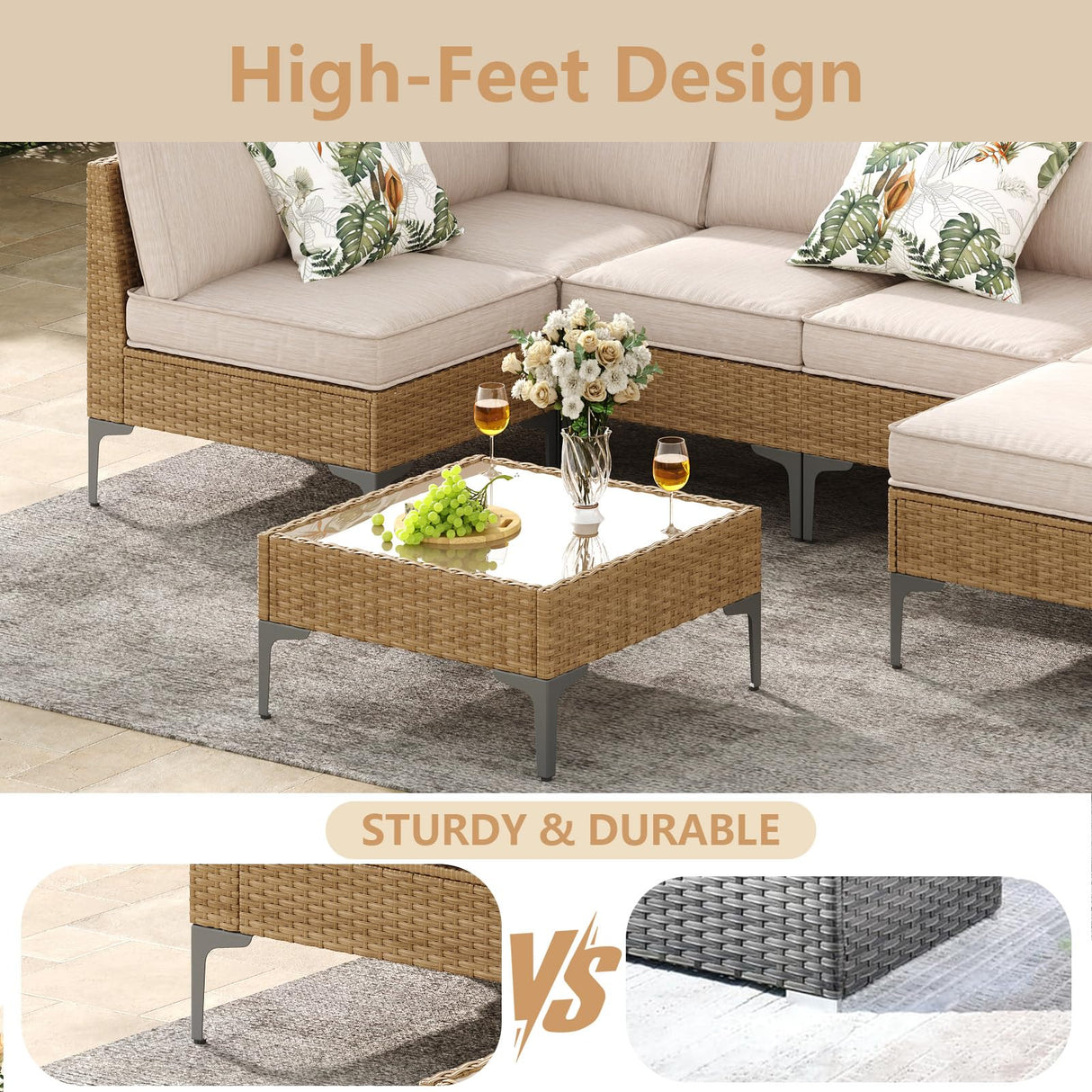 Jing's Villa 5-Piece Outdoor Patio Furniture Set,Rattan Conversation Sectional Sofa w/Coffee Table, All-Weather Patio Conversation Set with Thick and Anti-Slip Cushions for Backyard,Deck,Porch,Beige Jing's Villa