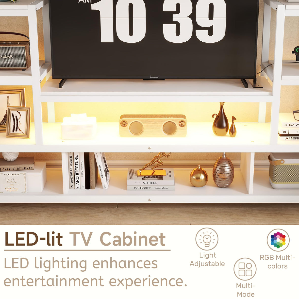 Full Size Loft Bed with LED Light & TV Table, High Loft Beds with Charging Station & Storage Bookcase, Wardrobe, Heavy-Duty Metal Lofts Frame with Stairs for Kids, Teens & Adults Dorms, White Mirightone