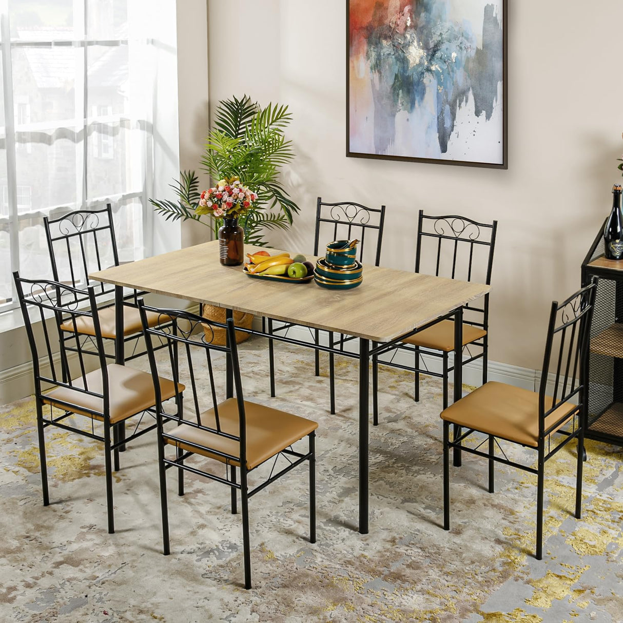 Homy Casa 7-Piece Modern Dining Set for 6, 55.1" Square Table with PVC Soft-Cushion Seats, Space-Saving Design, Metal Frames, Ideal for Small Kitchens, Apartments, and Dining Rooms, Light Yellow Homy Casa