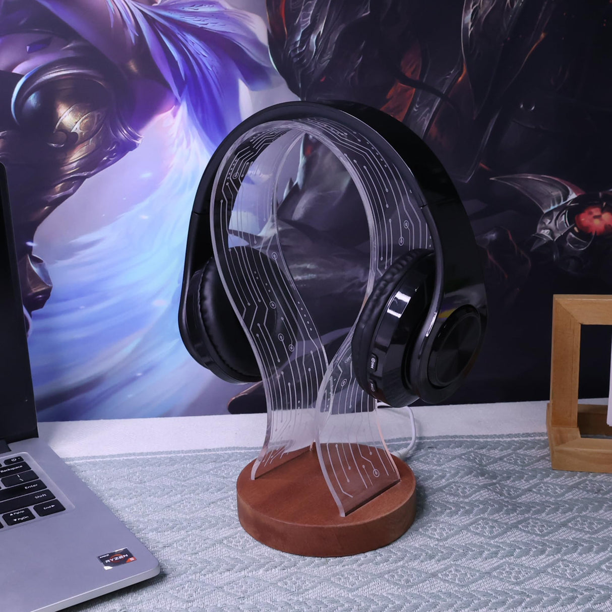 YuanDian Headphone Stand, Wood Headset Holder with Blue Pink LED Night Light for Gamers, Men, and Music Lovers - Ideal Desk Gift Idea YuanDian