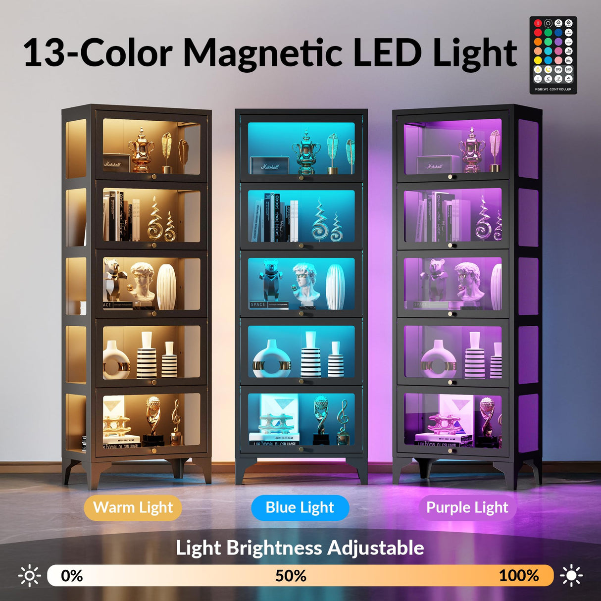 Lucky Monet 5 Tier Curio Display Cabinet with 13-Color LED Lights & Flip-Up Glass Doors, 3-Side Glass Lighted Display Case for Collectibles, Figures, Books, 67" Metal Storage Cabinet, Black Lucky Monet