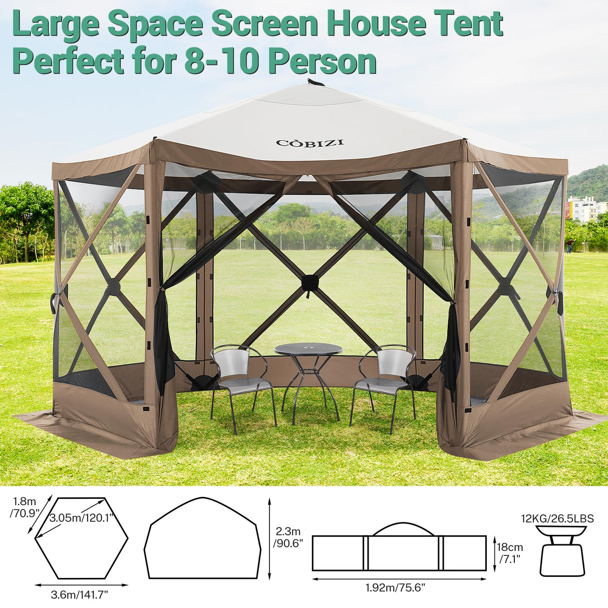 COBIZI 12x12ft Pop up Gazebo Screen Tent Screen House for Camping, Camping Outdoor Screened Gazebo with Mosquito Netting, Portable Hub Tent with Carrying Bag and Ground Stakes, Brown(Upgraded 2.0) COBIZI