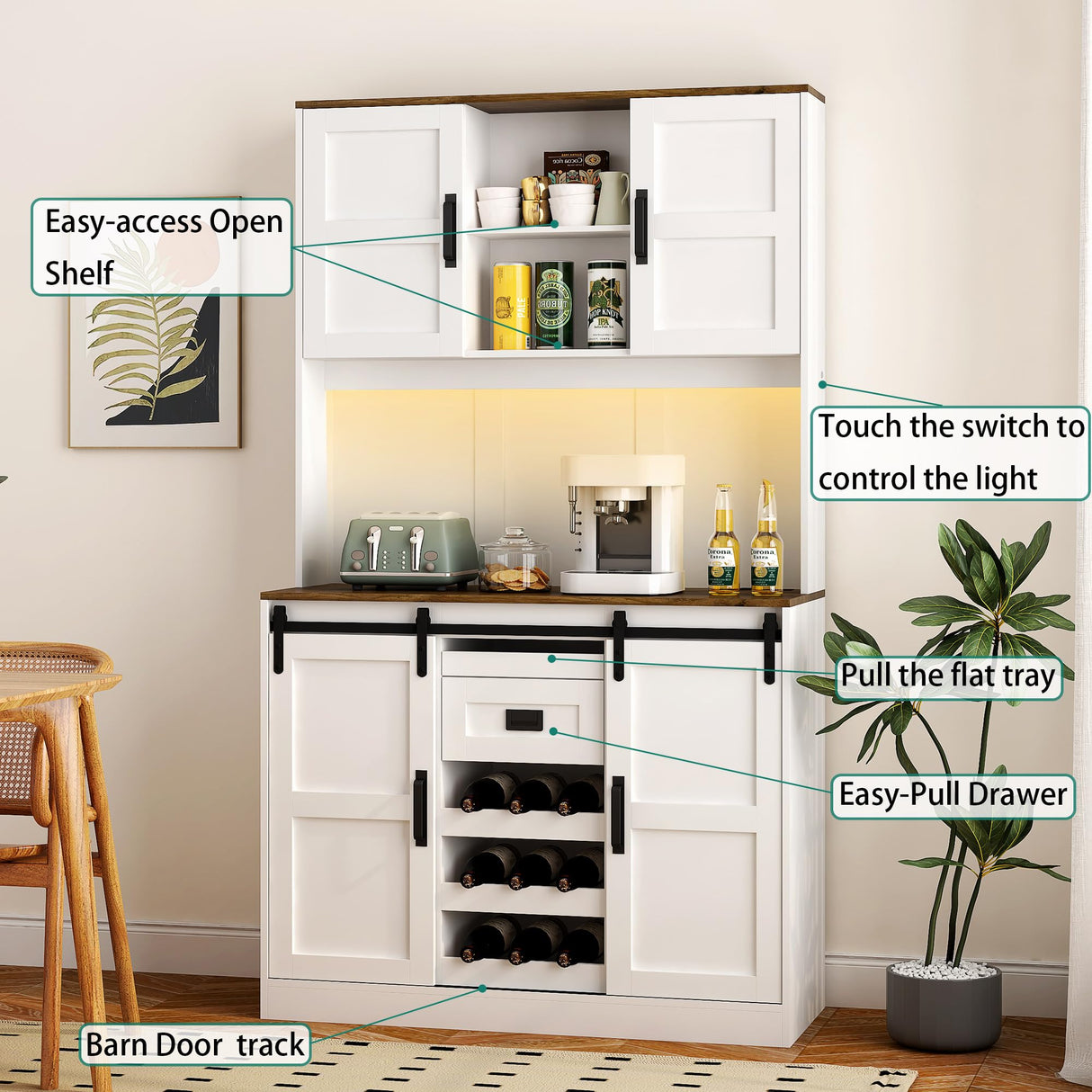 BAOMKONG 72" Farmhouse Bar Cabinet with Sliding Barn Door and LED Light Large Coffee Bar Cabinet with Power Outlet Wine Bar Cabinet with Storage Sideboard Buffet for Kitchen Pantry Dining Room, White BAOMKONG