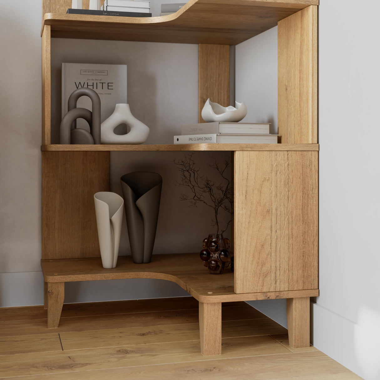Prepac Nordik 6-Tier Natural Oak Modern Mid Century Corner Bookcase, 71.5" Extra Tall Corner Shelf with Storage, Multifunctional Freestanding Bookshelf for Home Office, Living Room, Bedroom Prepac