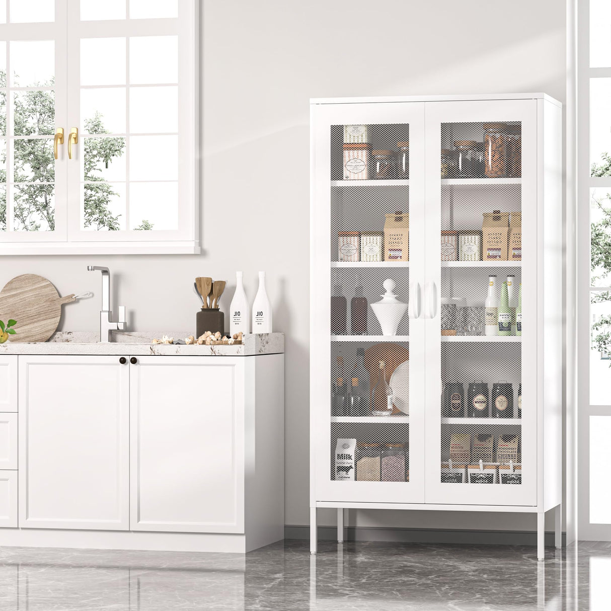 Chshin Metal Storage Cabinet,72H Display Cabinets with 2 Mesh Door,Pantry Organizers and Storage,Display Shelves for Collectibles,Storage Cabinet for Home, Office, Bookcase(White) Chshin