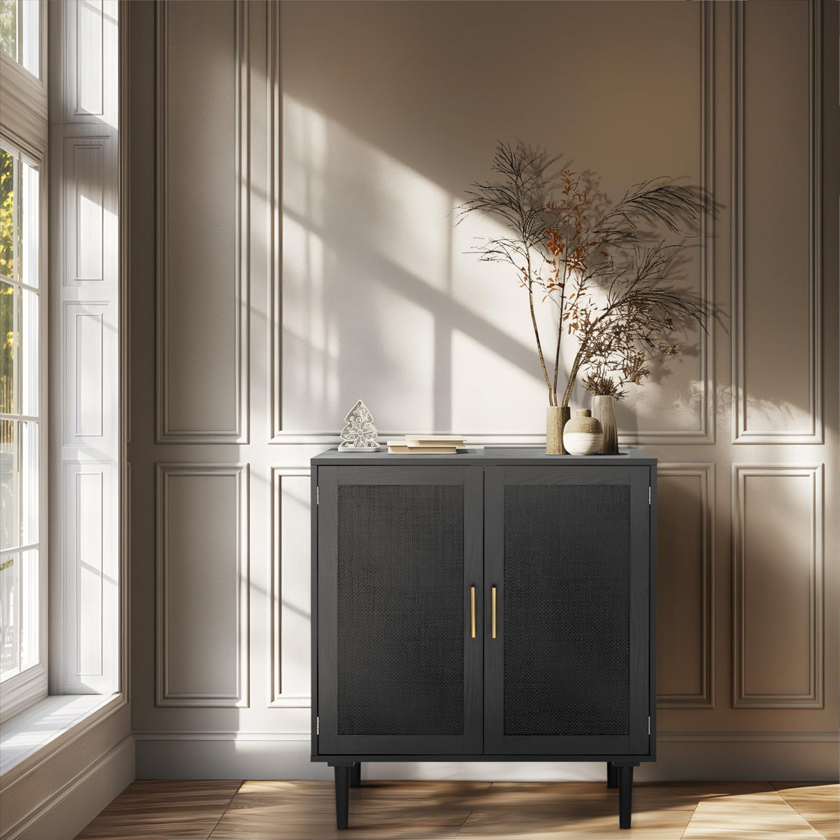 Finnhomy Sideboard Buffet Kitchen Storage Cabinet with Black Painted Rattan Decorated Doors, Dining Room, Hallway, Cupboard Console Table, Liquor/Accent Cabinet, 31.5X 15.8X 34.6 Inches, Black Finnhomy