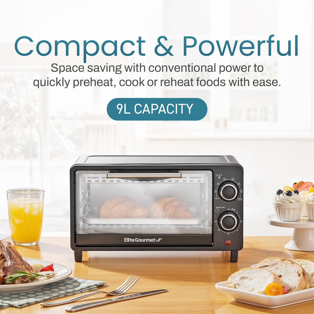 Elite Gourmet ETO490 9L/4 Slice Countertop Toaster Oven with 30-Minute Timer, Adjustable Temperature Control, Includes Baking Pan and Wire Rack, Bake, Broil, Toast, Black Elite Gourmet