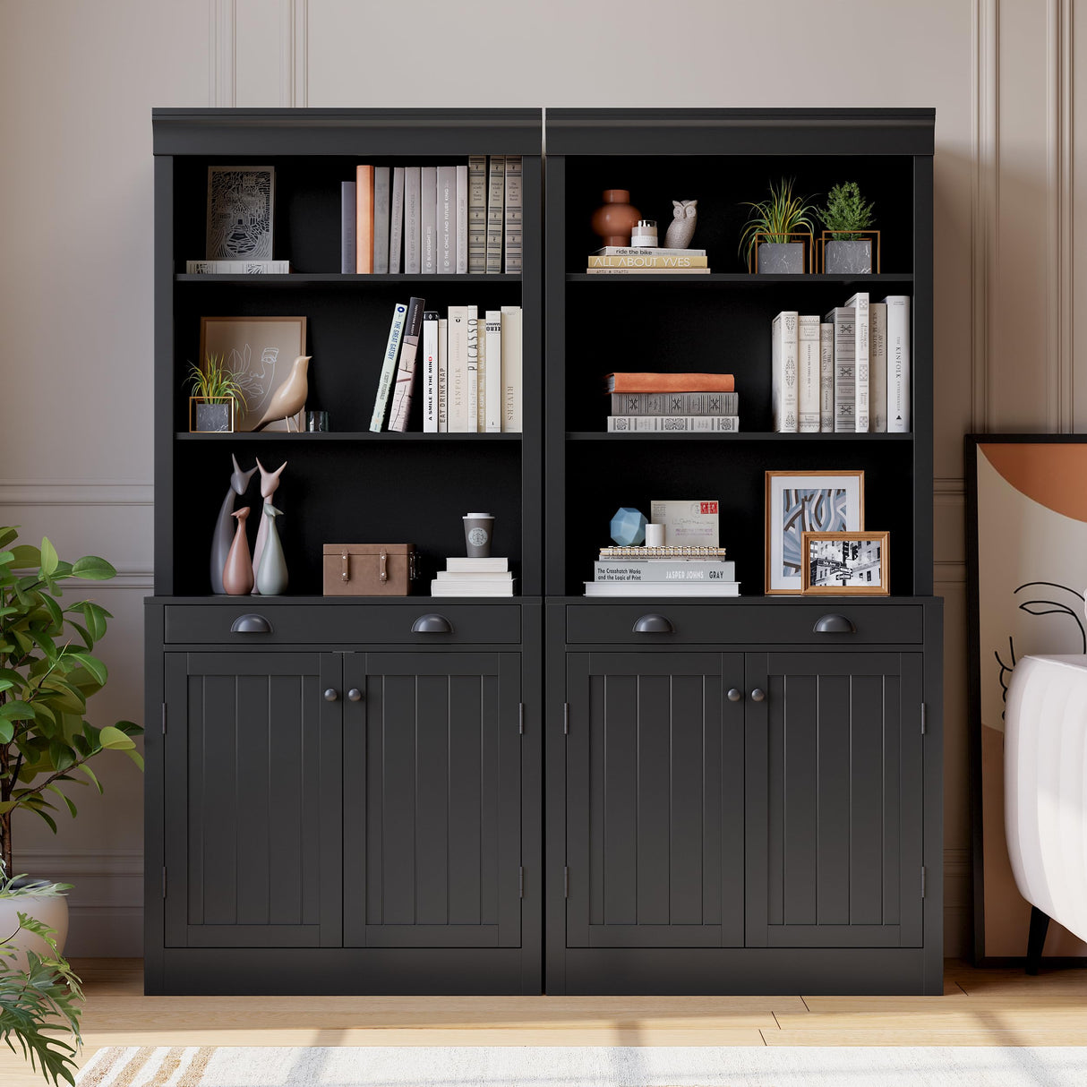 GarveeHome 5-Tier Bookshelf, 70 Inch Tall Bookcase with 2 Doors and 1 Drawer, Modern Pantry Sideboard with Adjustable Shelf, Wooden Storage Cabinet for Living Room, Study, Home Office, Black GarveeHome