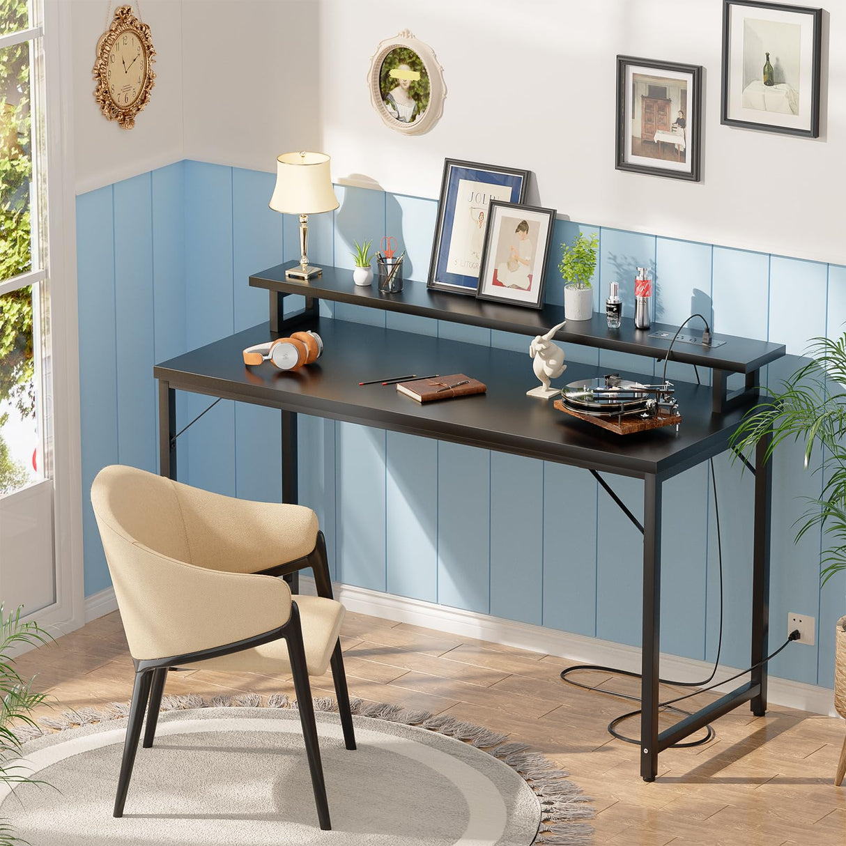 iSunirm 47 inch Computer Desk with Power Outlets, Gaming Desk with LED Lights, Home Office Work Desk with Monitor Shelf, Modern Office Desk Study Writing Table for Small Spaces, Black iSunirm