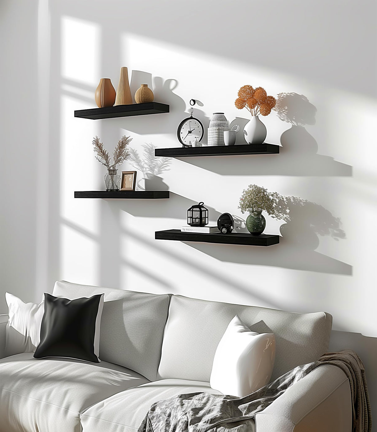 PHPH Wood Floating Shelves for Wall, Wooden Wall Shelves for Bedroom, Set of 6 Black 17 Inch PHPH