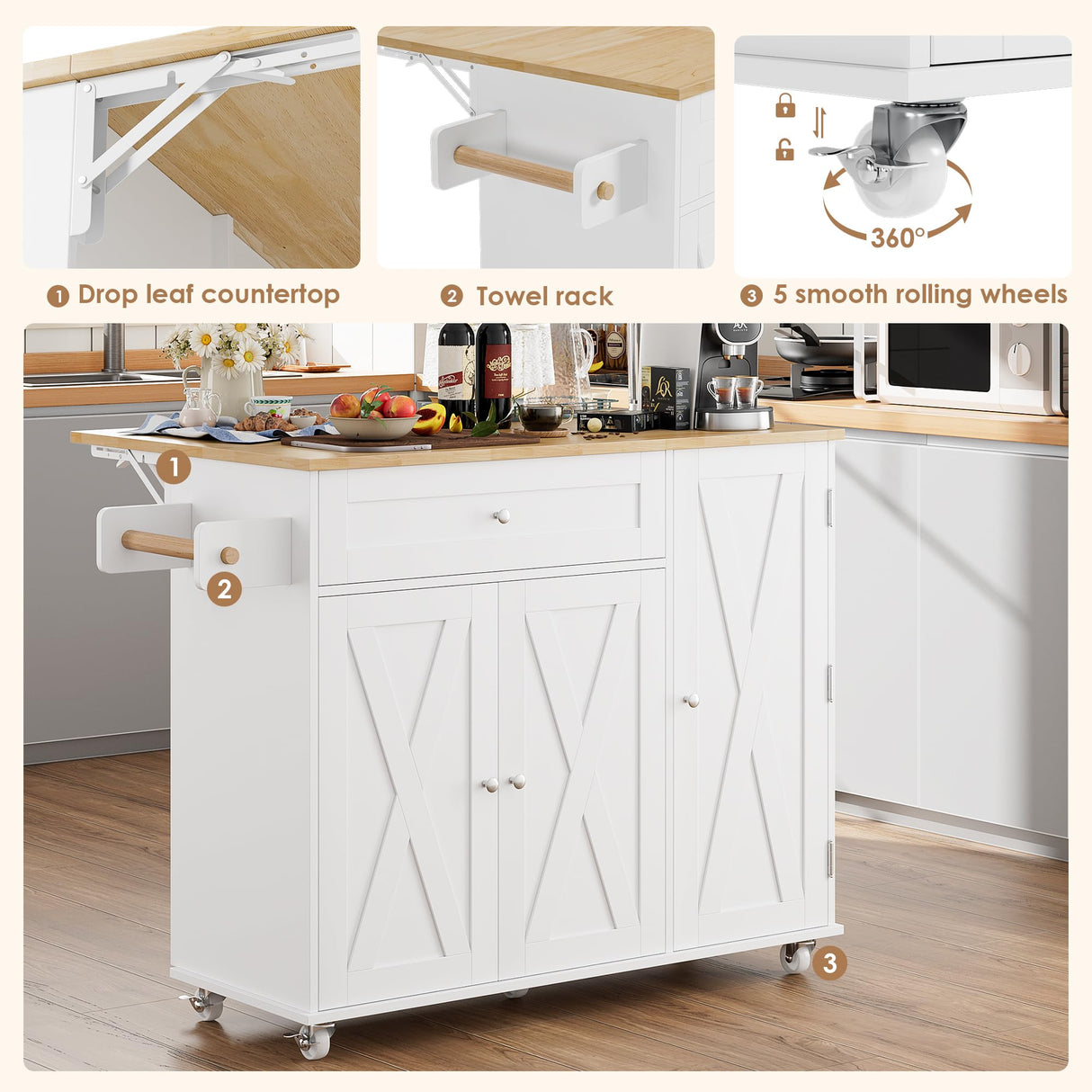 BOTLOG Kitchen Island with Storage, Island Table on Wheels with Drop Leaf, Spice Rack, Drawer, Towel Rack, Rolling Kitchen Island Cart for Dinning Room, White 15.7-27.55" D x 47.63" W x 35.43" H BOTLOG