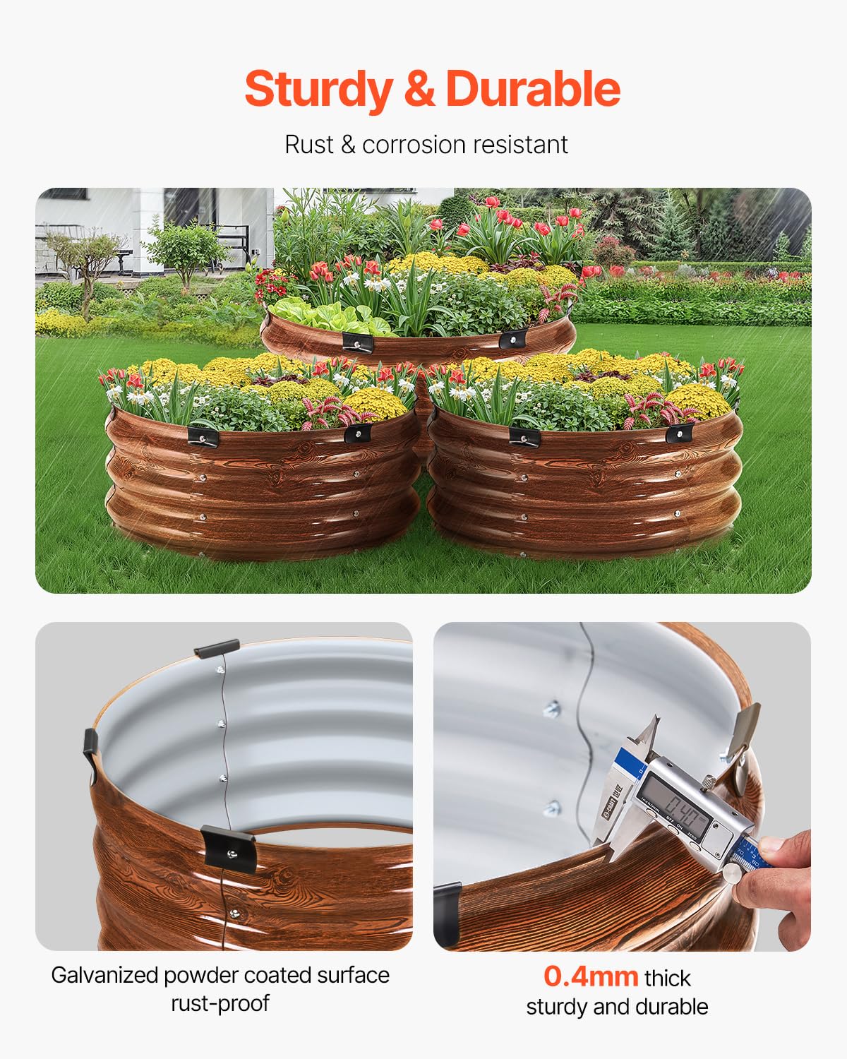 VEVOR 3 Pcs 2x2x1ft Round Galvanized Raised Garden Bed Kit, Outdoor Metal Raised Beds for Gardening Vegetables, Easy Assembly Garden Planter Box for Flowers Fruits with Open Base VEVOR