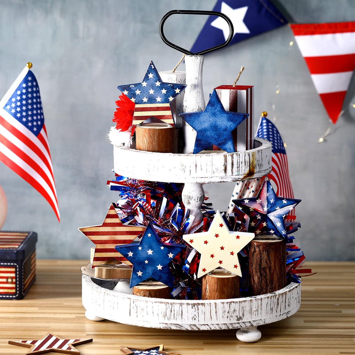 Beeveer 6 Pcs 4th of July Wooden Stars Signs Star Tiered Tray Decor Red Blue White Wood Star Shape Table Blocks for Party Home Office Table Shelf Decor for Independence Day(Patriotic Style) Beeveer