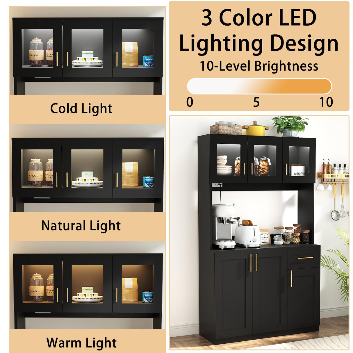 Vrmuxita Black Kitchen Pantry with Countertop: 71" Tall Kitchen Pantry Hutch Cabinet with Storage, Cabinet Hutch with Lights Outlets, Large Wood Food Cabinets (Black) Vrmuxita