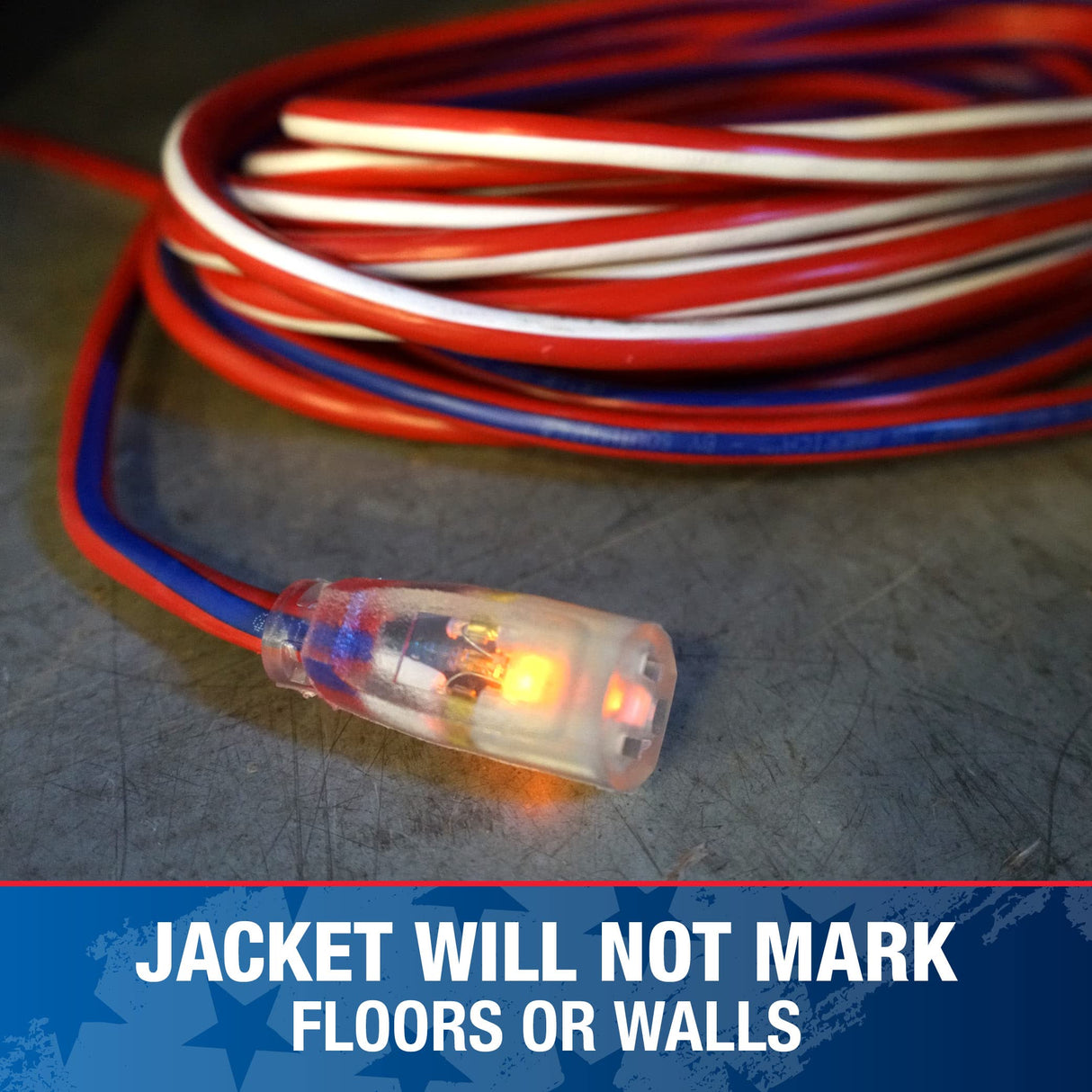 Southwire Heavy Duty Extension Cord, 50Ft, 12 Gauge, 3 Conductor, Outdoor Cord, Lighted End, SJTW, Red/White/Blue, 2548SWUSA1 Southwire