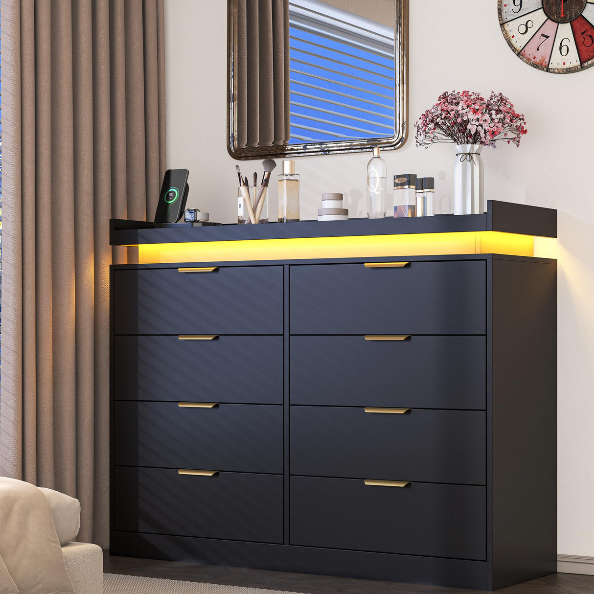 knoworld 8 Drawer Dressers for Bedroom, Black Dresser with LED Lights and Power Outlet, Modern Large Dresser Wooden Long Dresser, Double Wide Dresser for Bedroom, Living Room, Entryway, Hallway knoworld