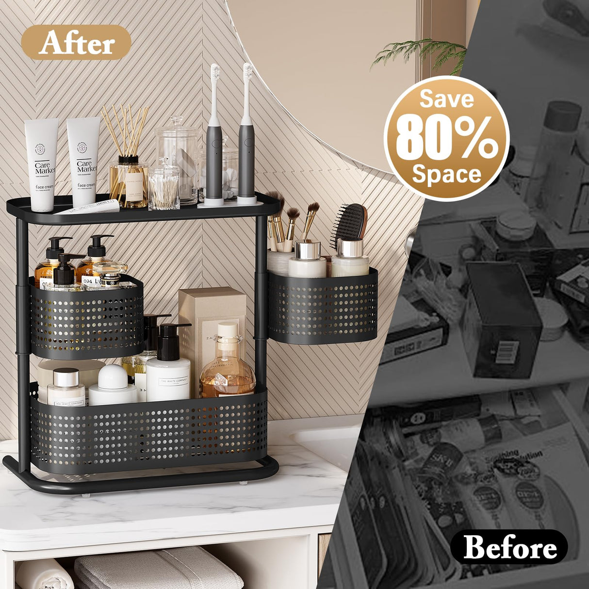 KINGRACK Bathroom Counter Organizer, 3 Tier Rotating Vanity Bedroom Storage cabinet, Cosmetic Holder Standing Shelf, Bathroom Tray for Countertop Storage, Kitchen Spice Rack, Black KINGRACK