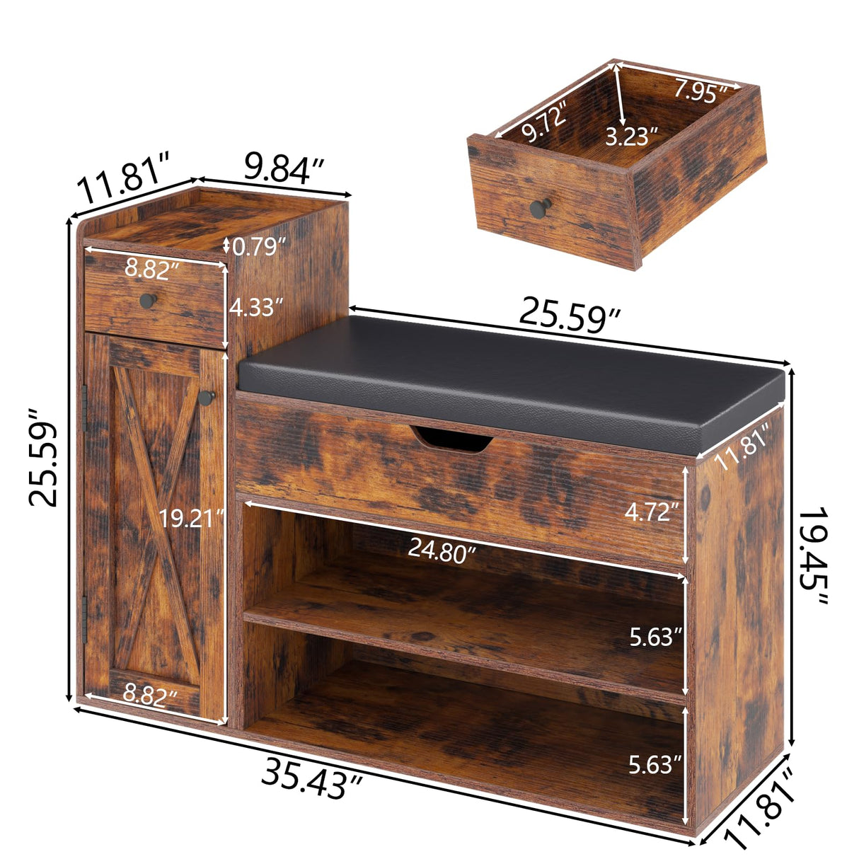 Gyfimoie Shoe Storage Bench, Farmhouse Entryway Bench with Drawer, 2-Tier Shoe Bench with Seat Cushion & Lift Top Storage Box, Slim Shoe Cabinet Bench for Entryway, Living Room, Bedroom (Rustic Brown) Gyfimoie