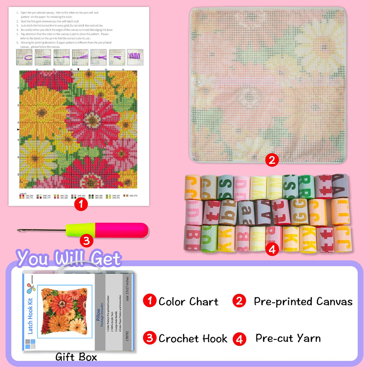 LAPATAIN Latch Hook Kits for DIY Throw Pillow Cover,Colorful Flowers Pattern Needlework Cushion Cover Hand Craft Crochet for Great Family 17x17inch LAPATAIN