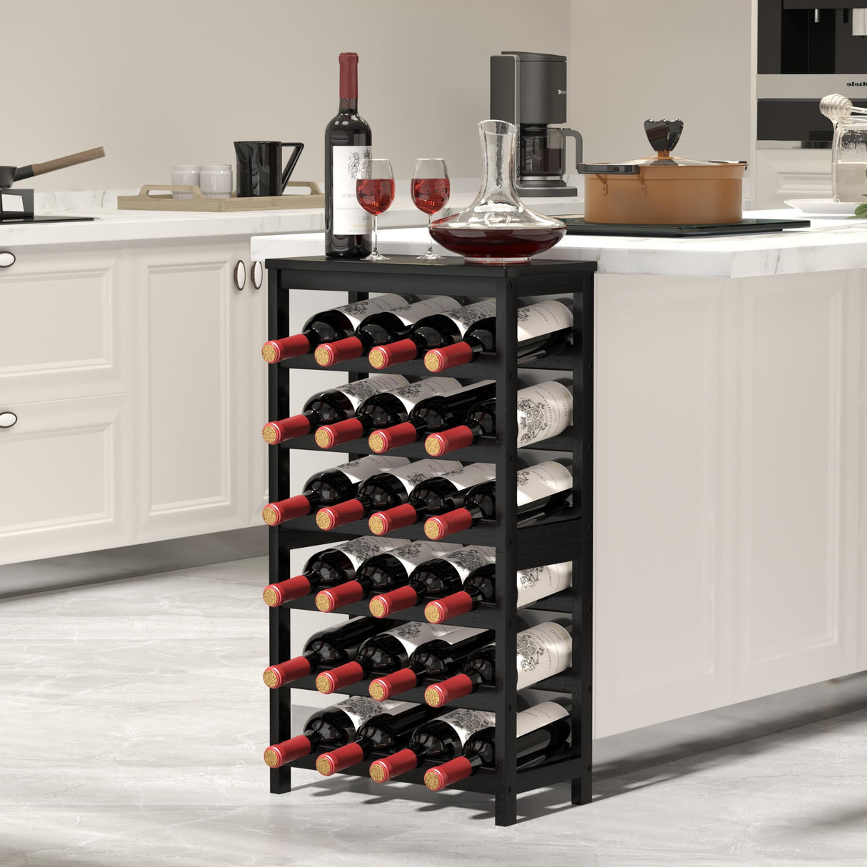MOGELAFOO 6 Tier Bamboo Wine Rack Freestanding Floor, 24 Bottles Wine Storage Shelves with Table Top, Stackable Wine Display Rack for Kitchen, Bar, Dining Room, Black MOGELAFOO