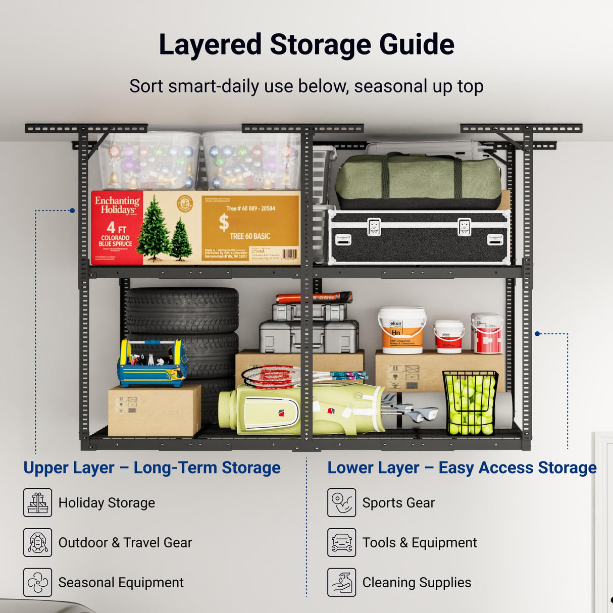FLEXIMOUNTS 4x8 2-Tier Overhead Garage Storage Rack – Adjustable Heavy Duty Metal Garage Ceiling Storage Racks, 1000 lbs Capacity – Garages Organization System for 10–15 ft Tall Garages, Black FLEXIMOUNTS