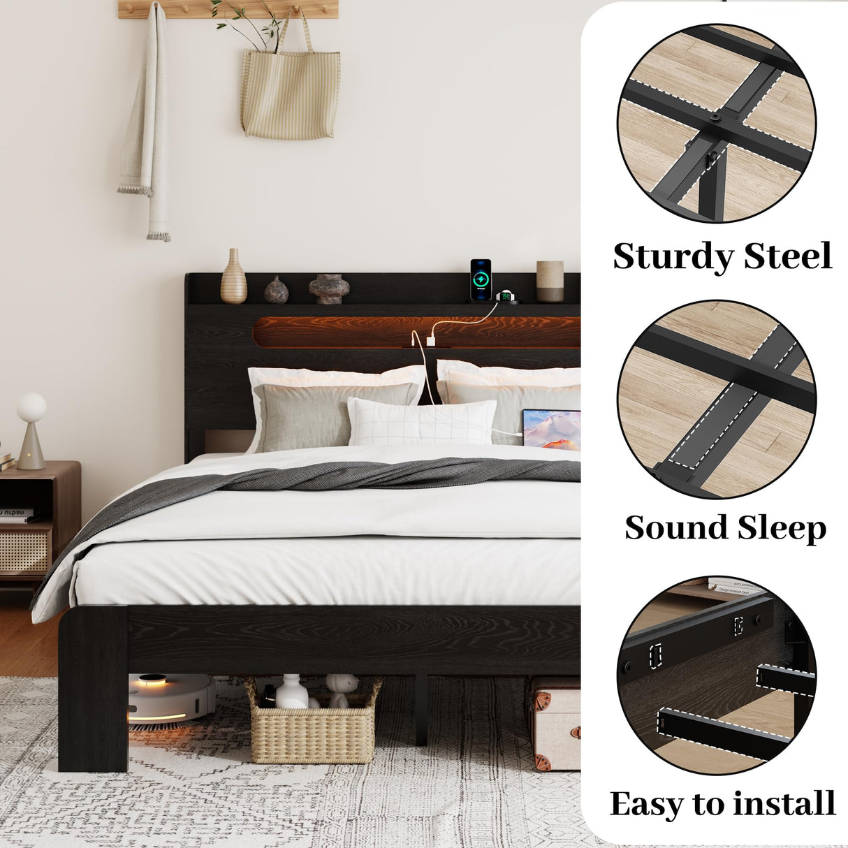 SAMTRA Wooden King Size Bed Frame with Storage Headboard, Farmhouse Platform Bedframe with Charging Station & Led Lights, Sturdy Wood Slat Framework, Easy Assembly (Rustic Black, King) SAMTRA