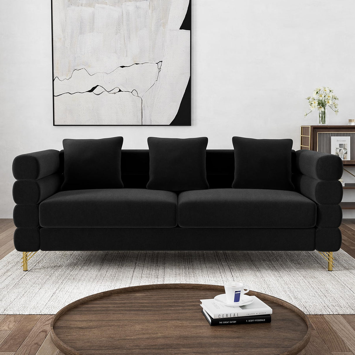 OUYESSIR Cloud Sofa Couch for Living Room, 79" Comfy Deep Seat Velvet Sofa with 3 Pillows and Gold Legs, Modern Upholstered 3 Seater Large Loveseat for Bedroom Office, Dark Black Velvet OUYESSIR