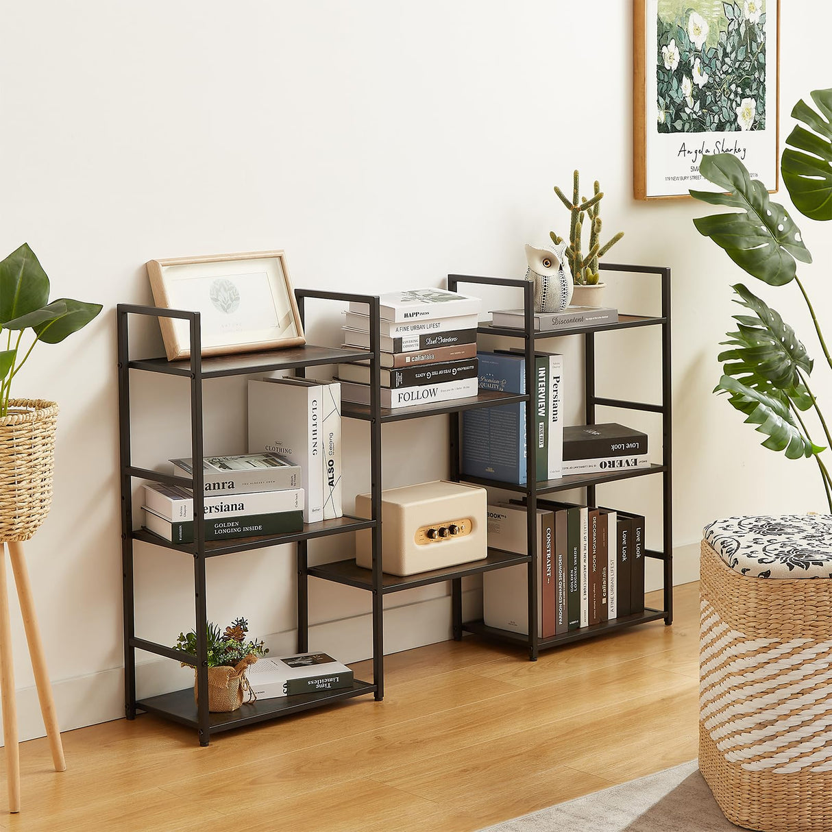 EYOCAL Triple 3 Tier Bookshelf, Wide Industrial Large Book Shelf with 8 Open Display Shelves for Home & Office, Rustic Brown EYOCAL